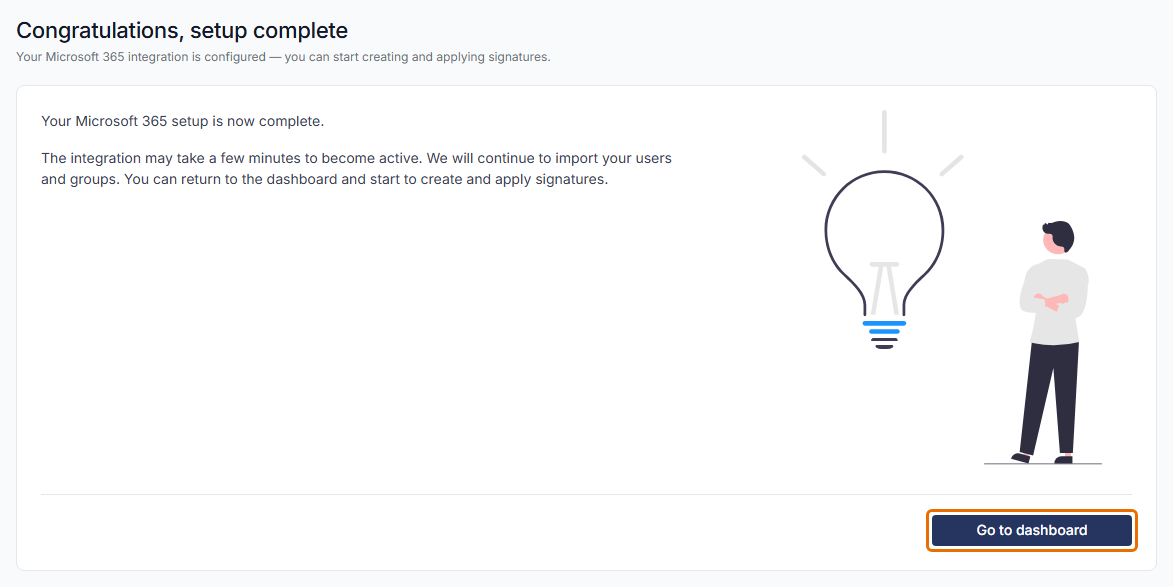 The Congratulations, setup complete page with the Go to dashboard button highlighted.