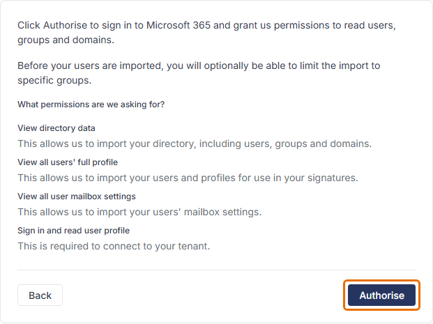 Microsoft 365 permissions step with the Authorise button highlighted.