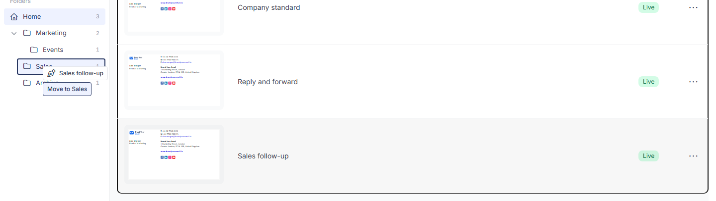 A signature being dragged onto the Sales folder, with a Move to Sales label.