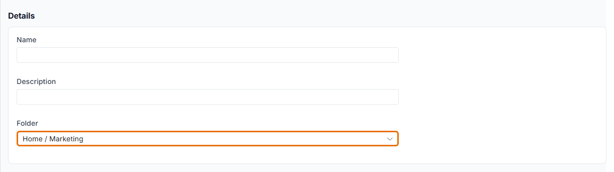 New signature Details card with the Folder field preselected as Home / Marketing.